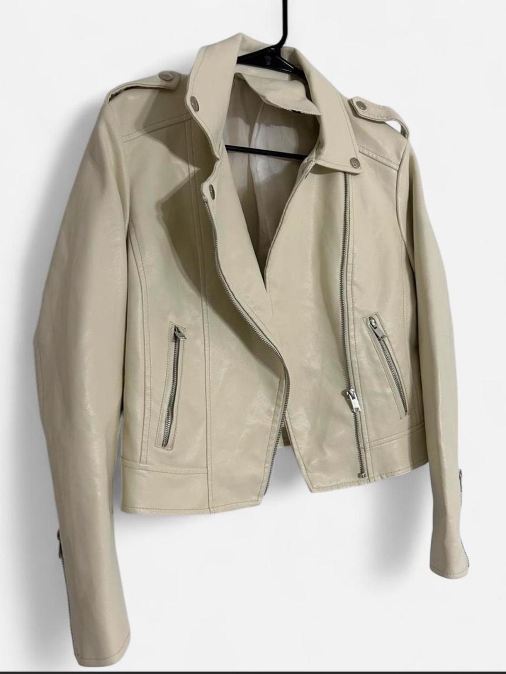 Women's Cream Faux Leather Moto Jacket - Minimalist Zip Front